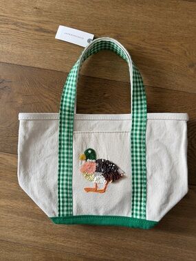 Anthropologie Cream Canvas Tote with Green Gingham Handles and Sequin Duck